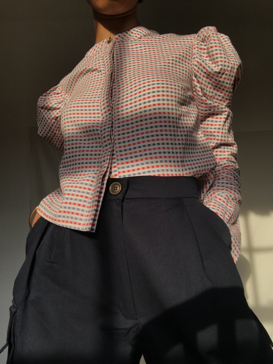 red, white and blue checked button down shirt with puffed sleeves